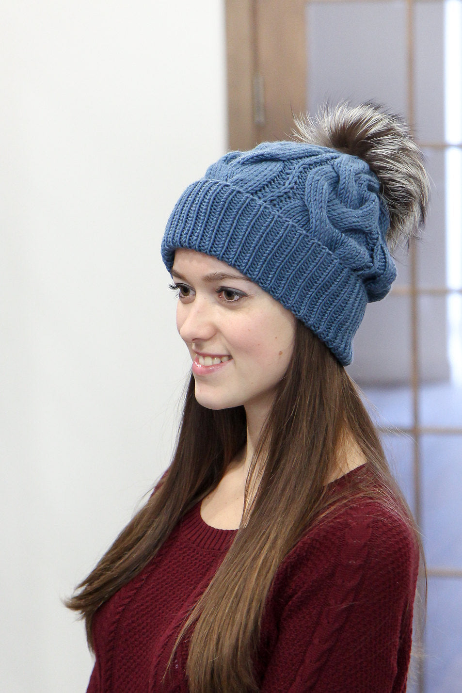 real fox fur pom pom hat
