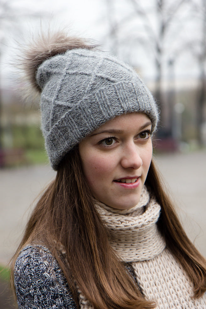 womens winter hat with fur pom pom