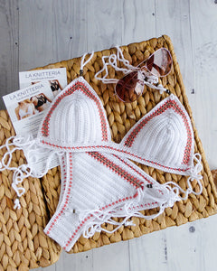 two piece crochet bathing suit with cheeky Brazilian style bottom and triangle top