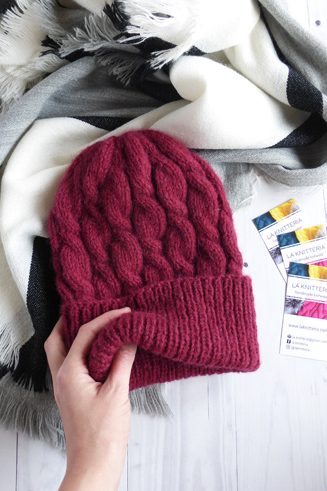 warm alpaca wool beanie in burgundy
